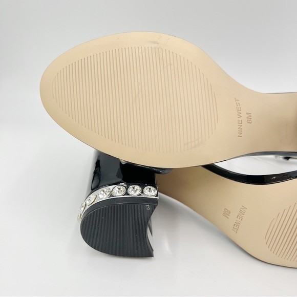 Nine West Size 8 Abigail Black‎ Patent Leather Jeweled Block Heel Dress Sandals - Picture 10 of 13